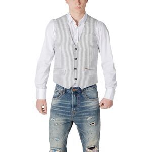 Gianni Lupo Pinstripe Button-Up V-Neck Gilet Men Black Vests